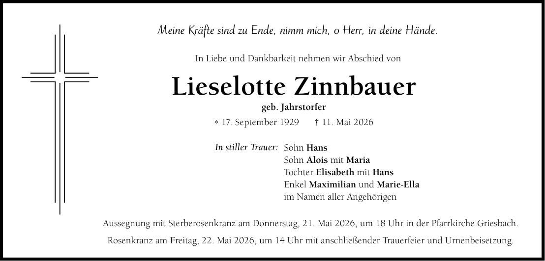 Traueranzeige Lieselotte Zinnbauer