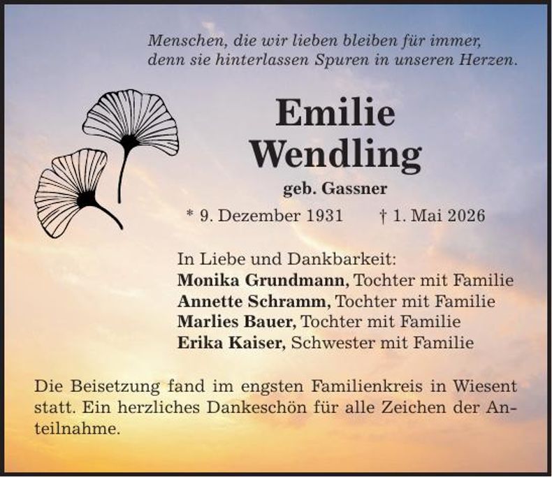 Traueranzeige Emilie Wendling