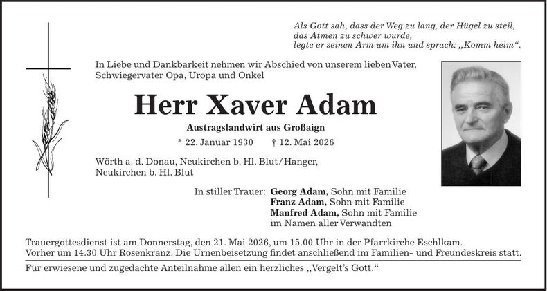 Traueranzeige Xaver Adam