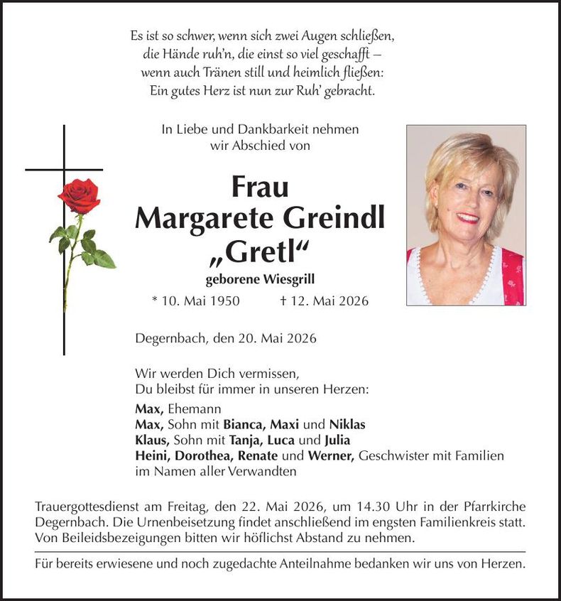Traueranzeige Margarete Greindl