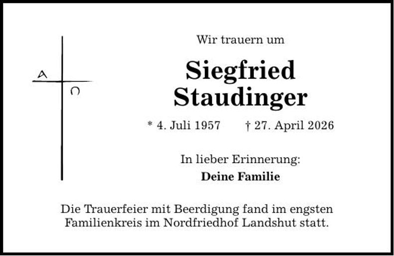 Traueranzeige Siegfried Staudinger