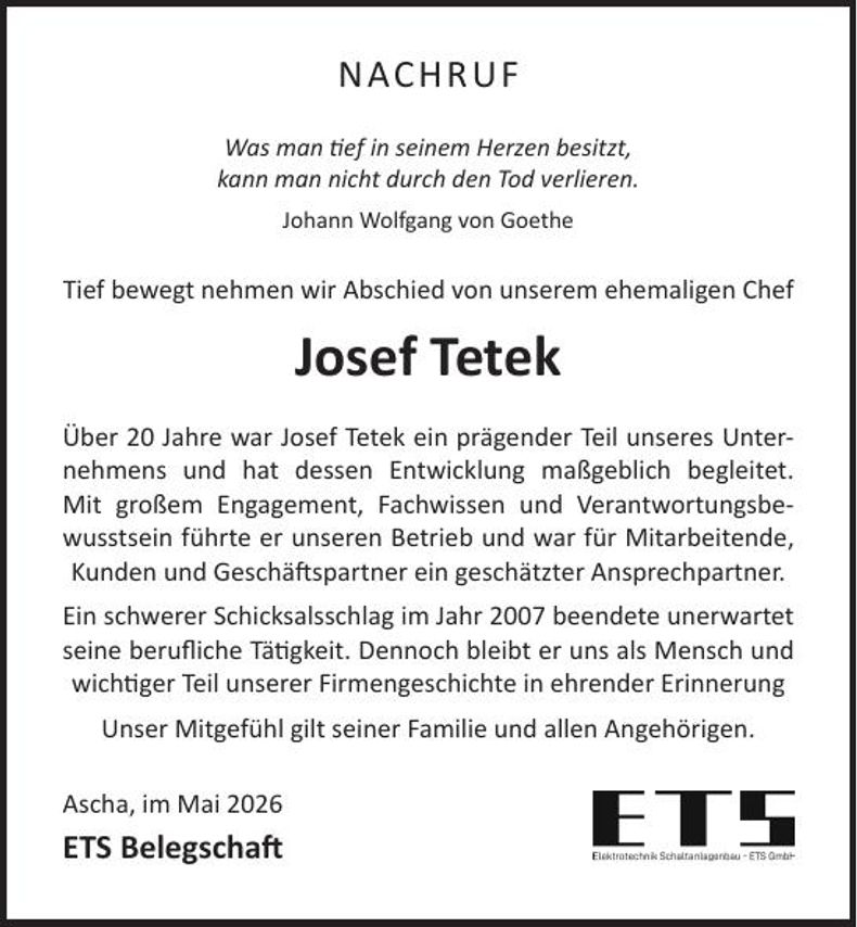 Traueranzeige Josef Tetek