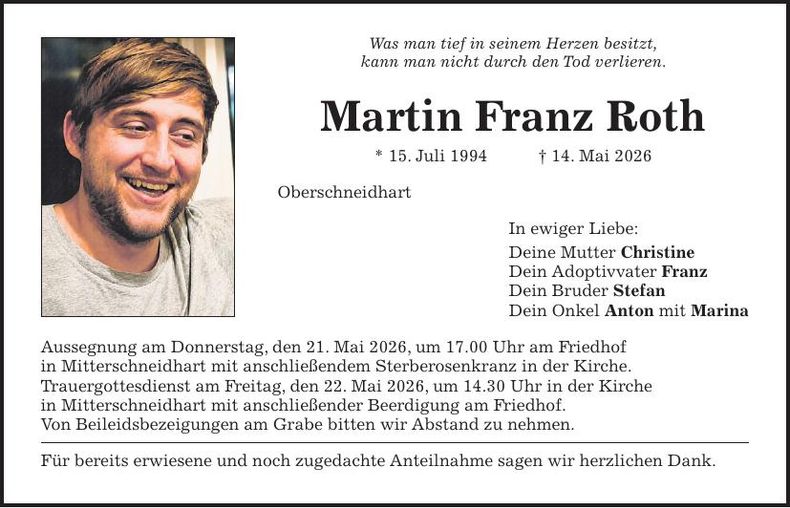 Traueranzeige Martin Franz Roth