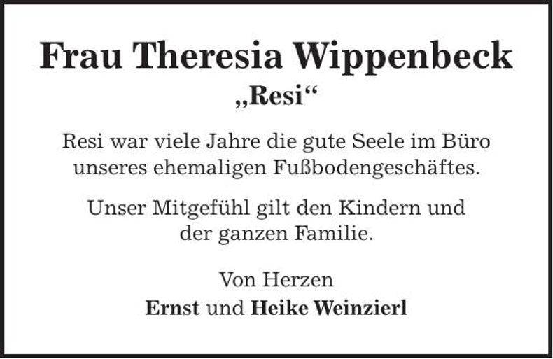 Traueranzeige Theresia Wippenbeck