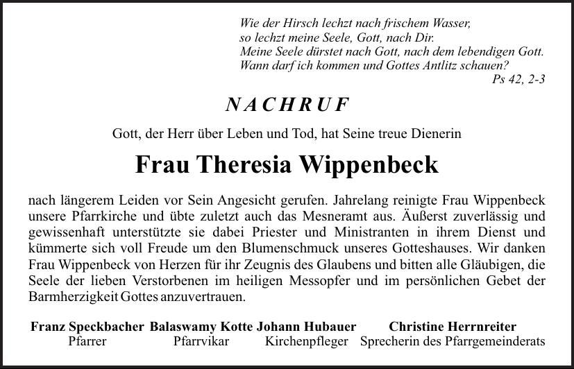 Traueranzeige Theresia Wippenbeck