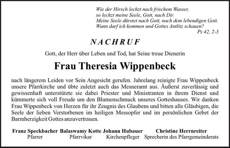 Traueranzeige Theresia Wippenbeck