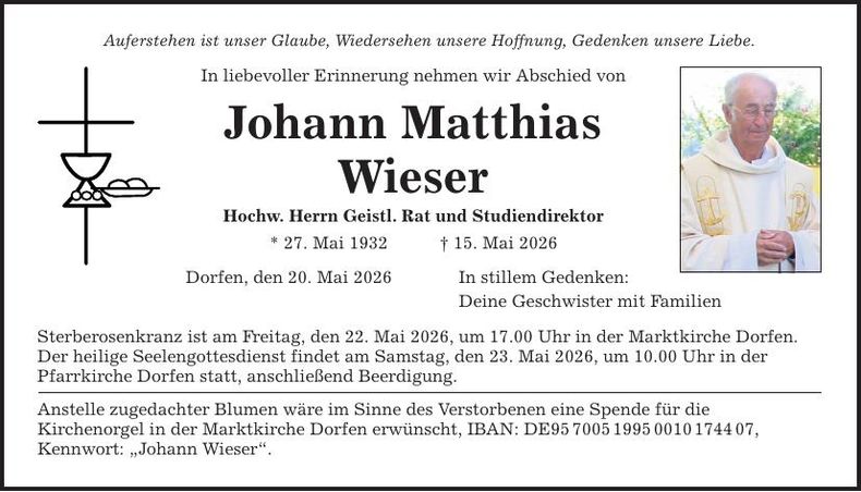 Traueranzeige Johann Matthias  Wieser