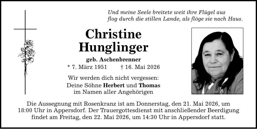 Traueranzeige Christine Hunglinger