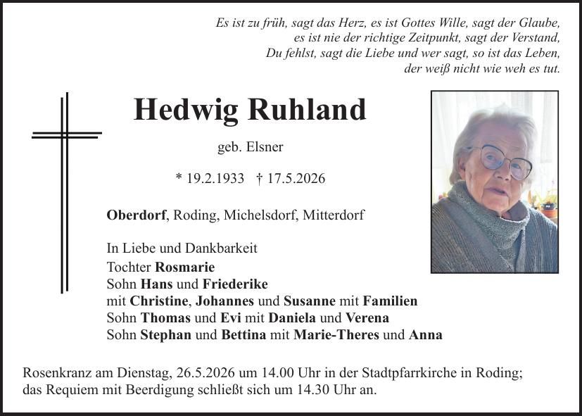 Traueranzeige Hedwig Ruhland