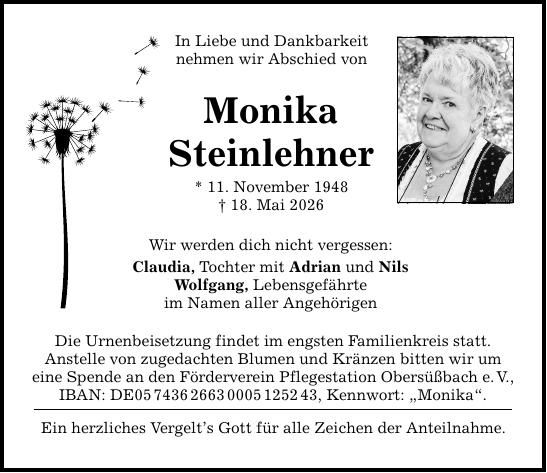 Traueranzeige Monika Steinlehner