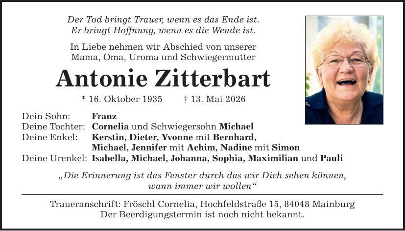 Traueranzeige Antonie Zitterbart