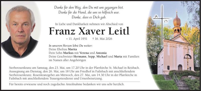 Traueranzeige Franz Xaver Leitl