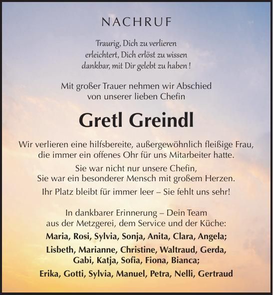 Traueranzeige Margarete Greindl