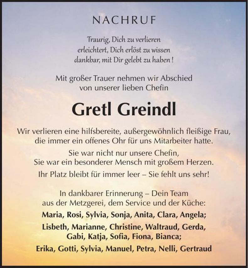 Traueranzeige Margarete Greindl