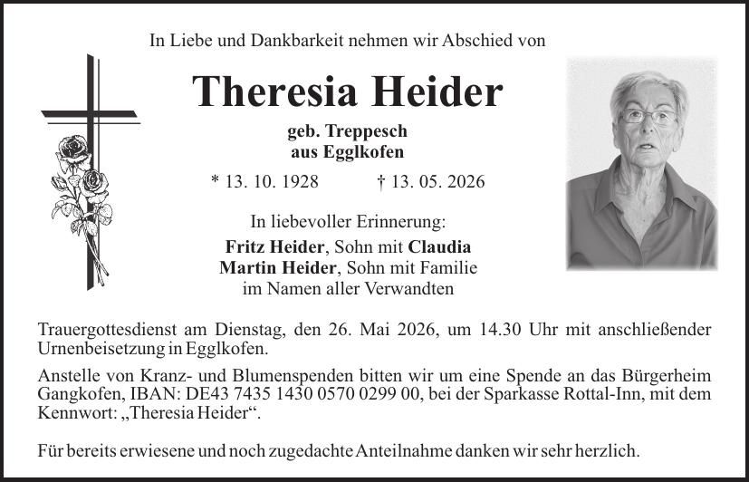 Traueranzeige Theresia Heider