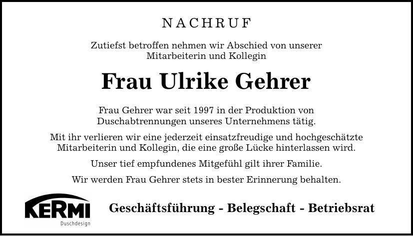Traueranzeige Ulrike Gehrer