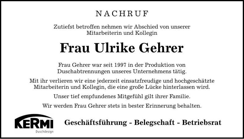 Traueranzeige Ulrike Gehrer