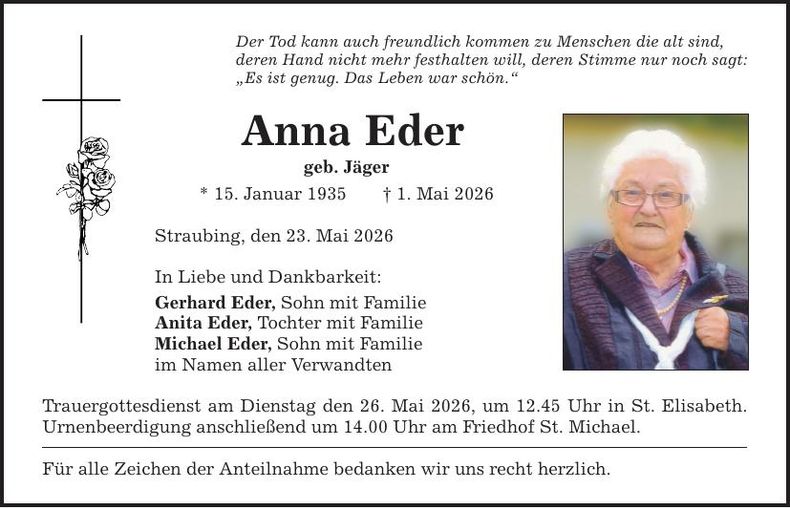 Traueranzeige Anna Eder