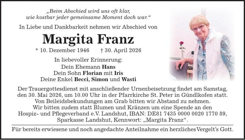 Traueranzeige Margita Franz