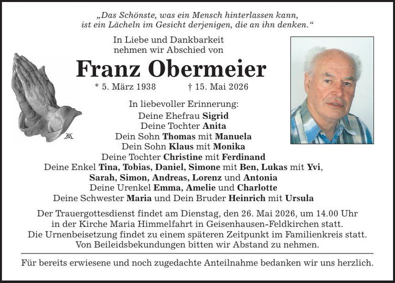 Traueranzeige Franz Obermeier