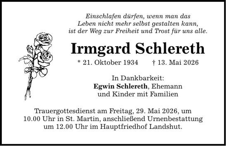 Traueranzeige Irmgard Schlereth