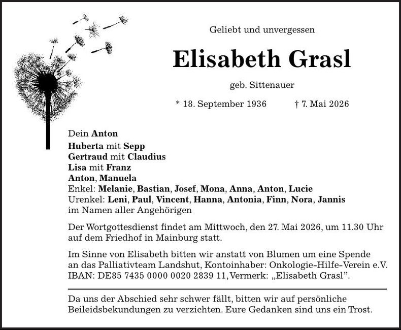 Traueranzeige Elisabeth Grasl