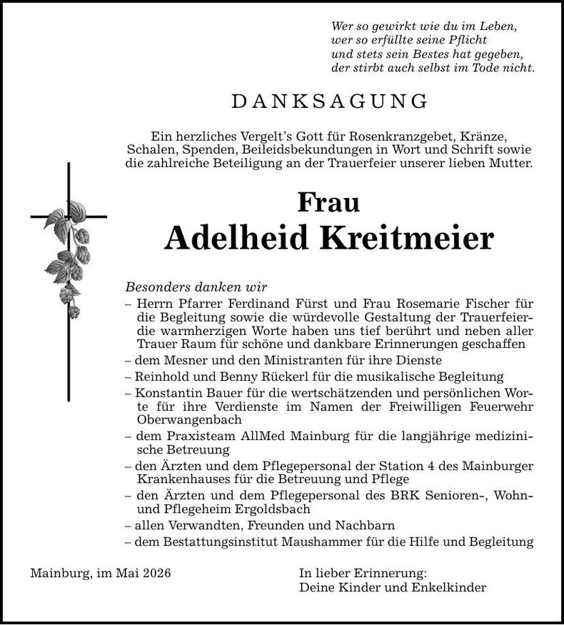 Traueranzeige Adelheid Kreitmeier