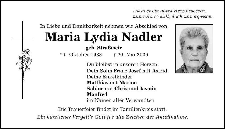 Traueranzeige Nadler Maria Lydia