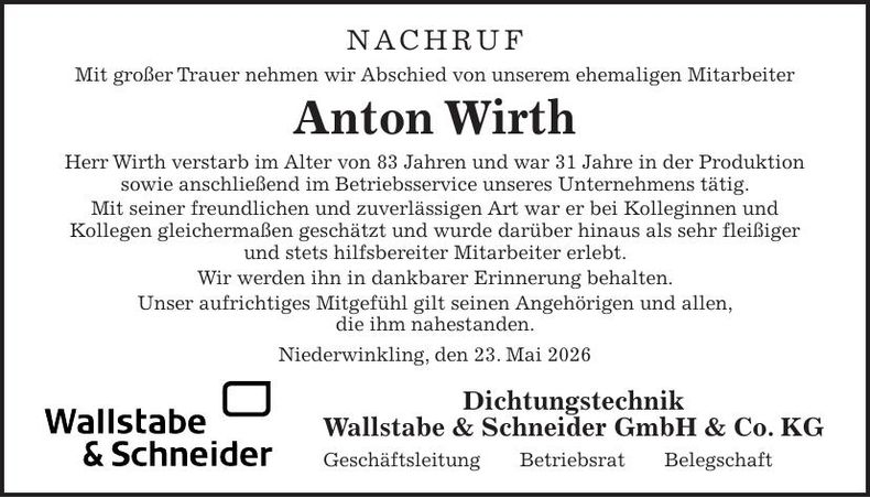 Traueranzeige Anton Wirth