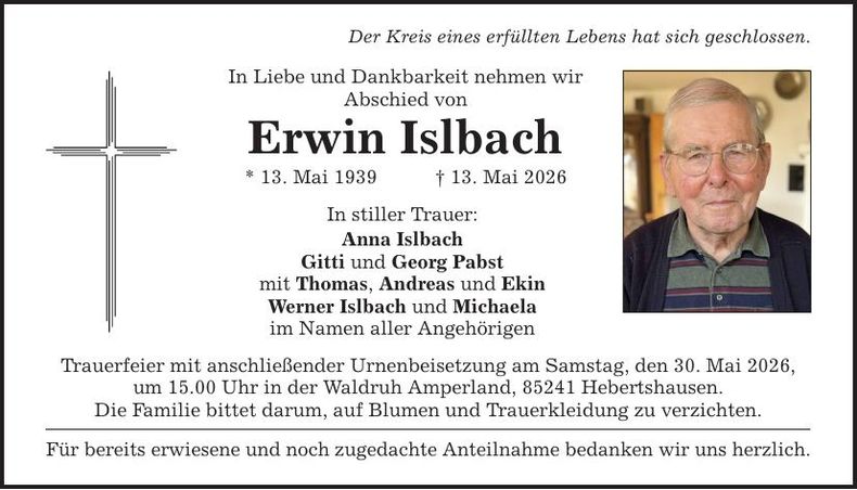 Traueranzeige Erwin Islbach