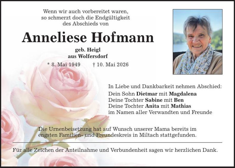 Traueranzeige Anneliese Hofmann