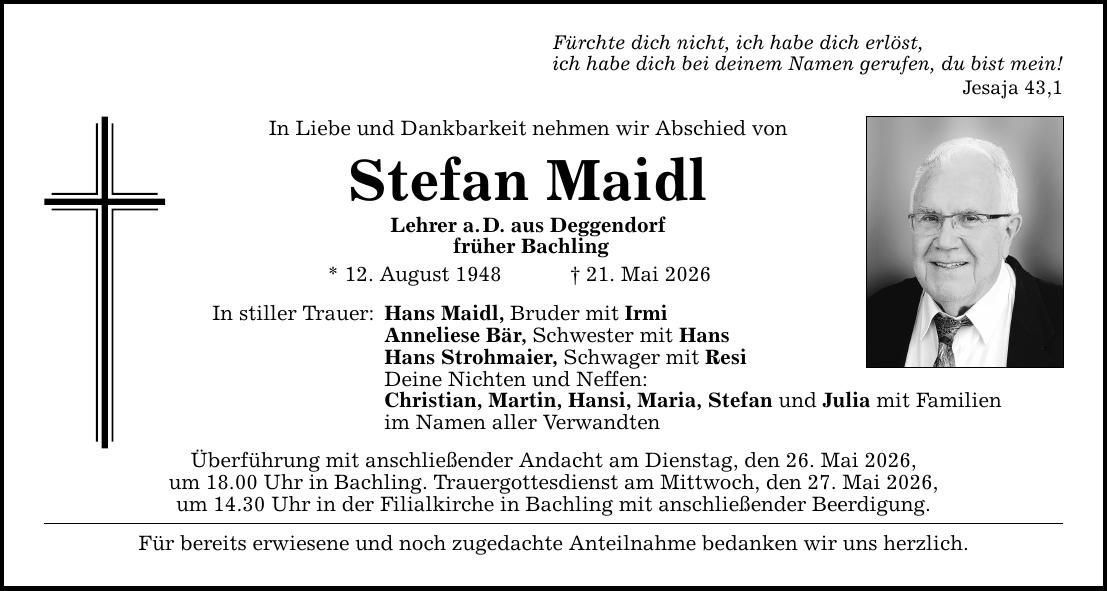 Traueranzeige Stefan Maidl