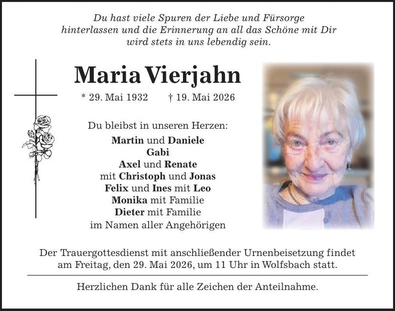 Traueranzeige Maria Vierjahn