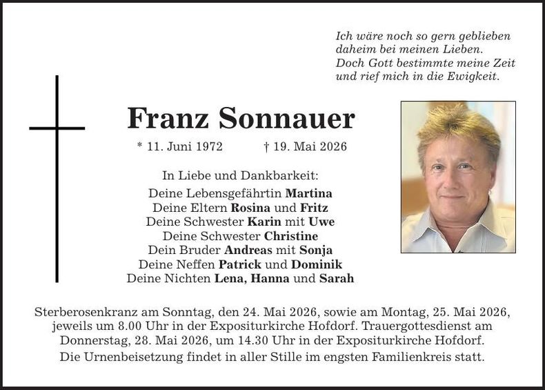 Traueranzeige Franz Sonnauer