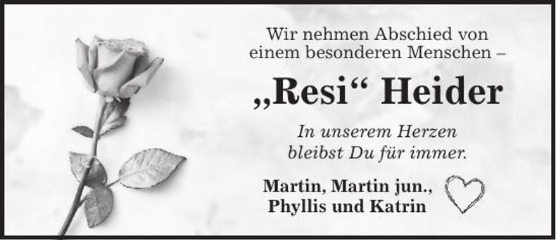 Traueranzeige Theresia Heider