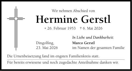 Traueranzeige Hermine Gerstl