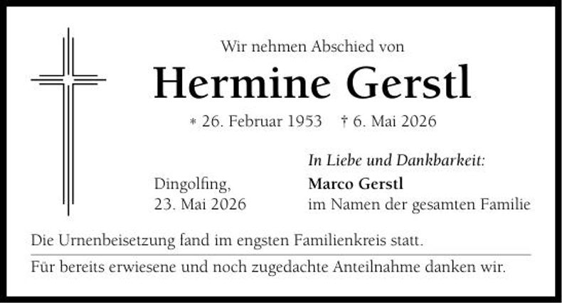 Traueranzeige Hermine Gerstl