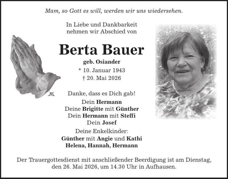 Traueranzeige Berta Bauer