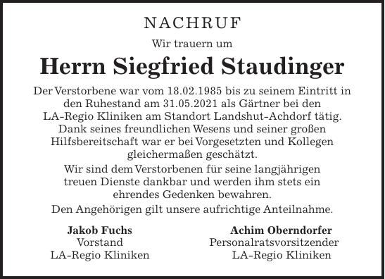 Traueranzeige Siegfried Staudinger