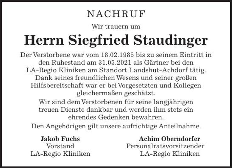 Traueranzeige Siegfried Staudinger