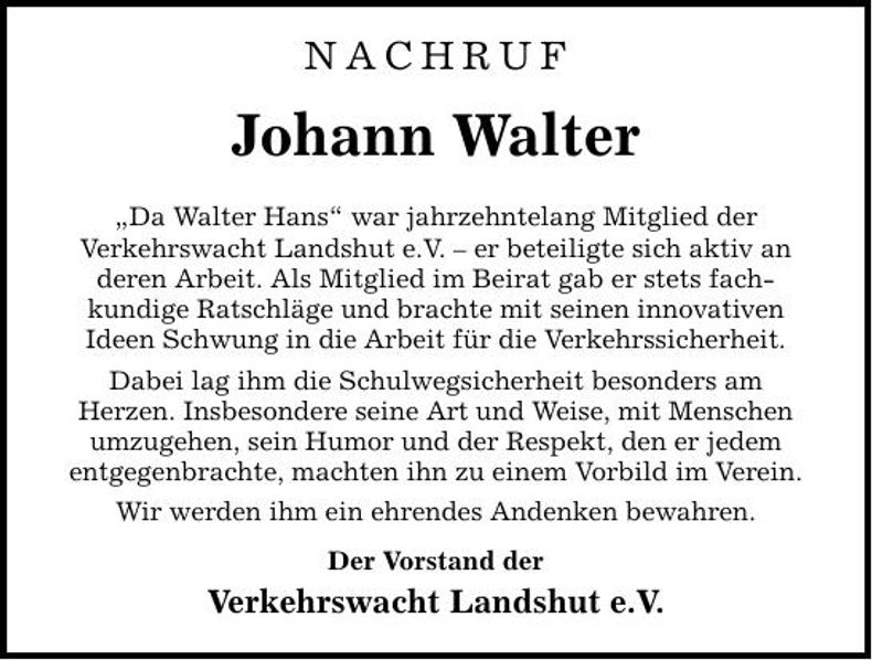 Traueranzeige Johann Walter