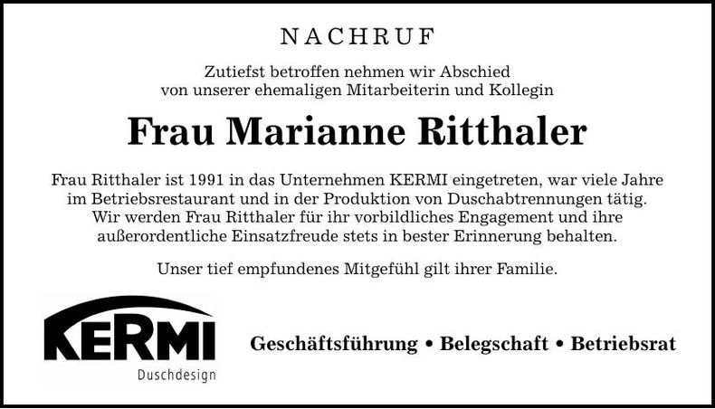 Traueranzeige Marianne Ritthaler