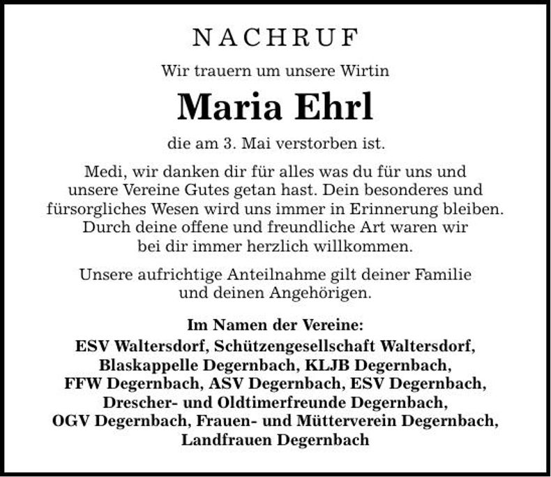 Traueranzeige Maria Ehrl 