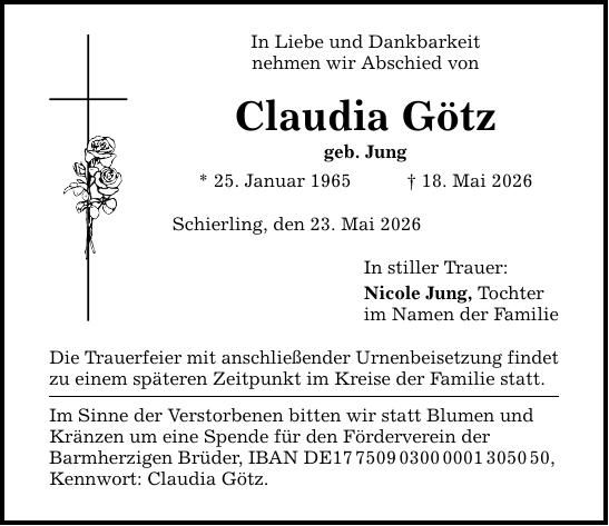 Traueranzeige Claudia Götz