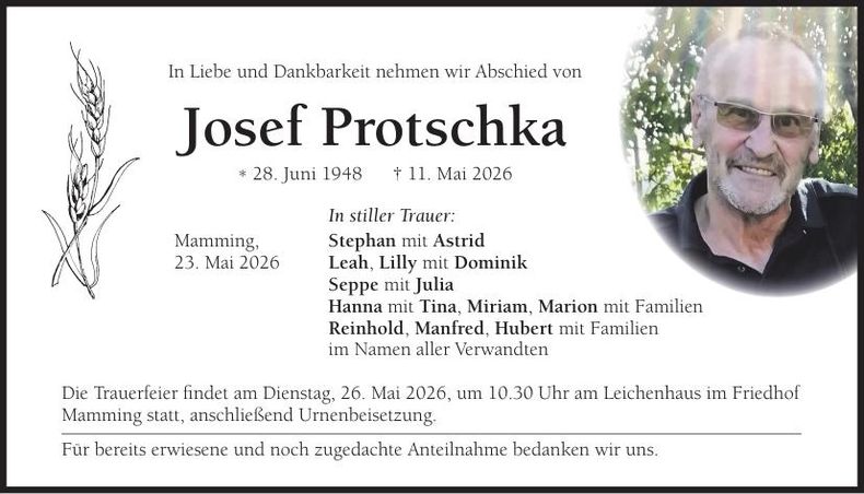 Traueranzeige Josef Protschka
