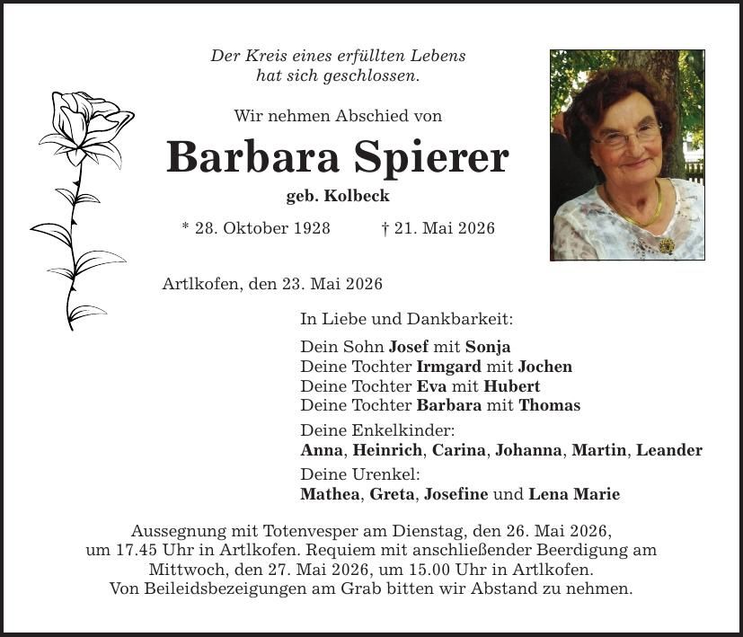 Traueranzeige Barbara Spierer
