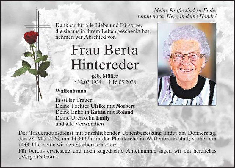 Traueranzeige Berta Hintereder