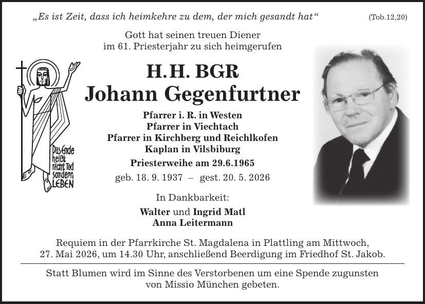 Traueranzeige Johann Gegenfurtner
