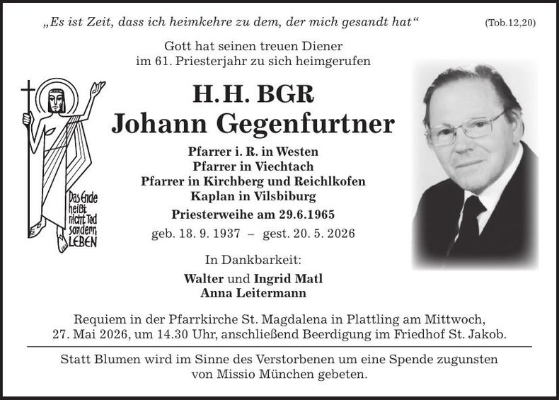Traueranzeige Johann Gegenfurtner