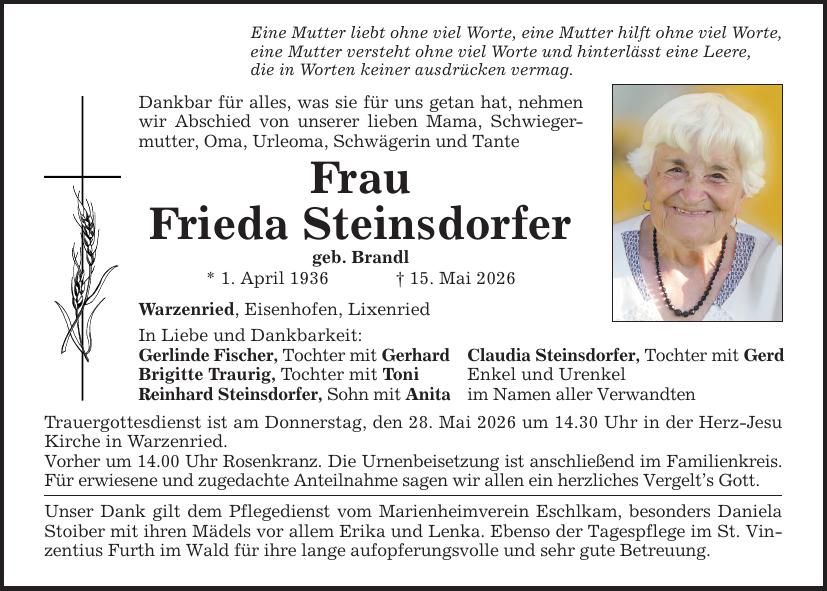 Traueranzeige Frieda Steinsdorfer